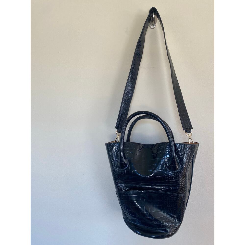 Melie Bianco Nicole Black Vegan Bucket Tote Bag Faux Croc Minimalist Black